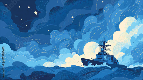 Naval vessel sailing in a stylized starry night water scene