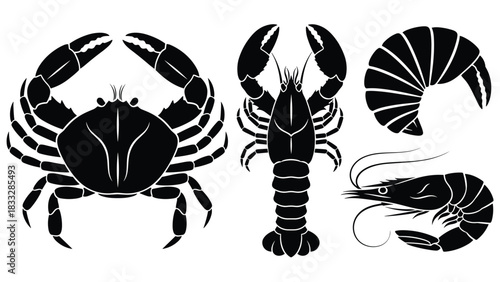 Collection of four black seafood silhouettes including a crab, a lobster, a shrimp, and a prawn for culinary designs.