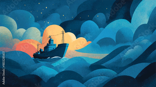 Ocean Voyage Under Starry Sky Ship Sailing in the Night