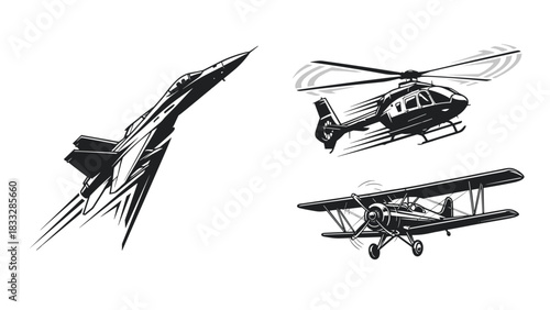 Three black and white illustrations of aircraft in motion: a modern fighter jet, a helicopter, and a vintage biplane.