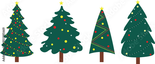 Vector New Year set with Christmas trees. Evergreen trees with balls, stars and garlands. Fir trees for Christmas.