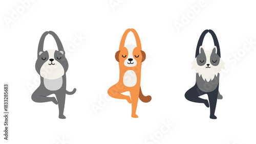 Three cute cartoon dogs in different colors standing in a yoga tree pose, promoting wellness, balance, and calm.