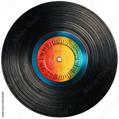 Multicolor vintage vinyl record with colorful disco music label. This retro lp disc evokes feeling of fun nostalgia from past, an iconic object for sound and audio