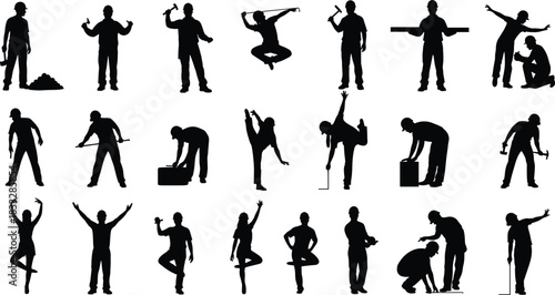 Construction worker silhouette set, builders with hard hats and tools, industrial labor vector collection.