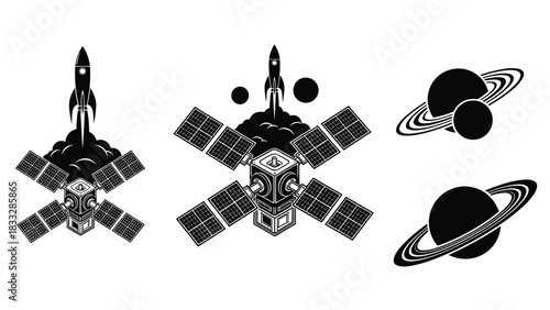 Space exploration themed icons in black and white, featuring a satellite with a launching rocket and the planet Saturn.