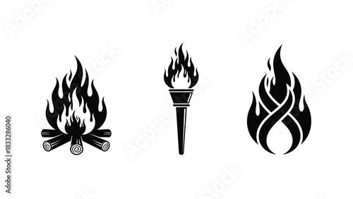 Set of three black fire icons, including a crackling campfire, a flaming torch, and an abstract tribal flame symbol.
