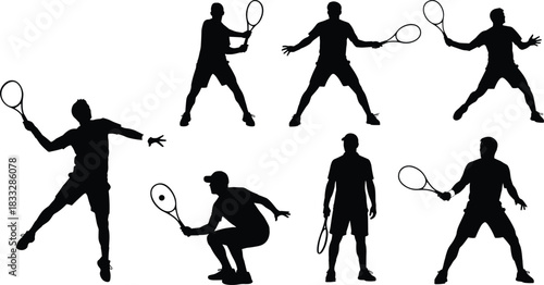 Silhouettes of Male Tennis Players in Action: Serving, Volleying, and Ready Poses, Representing the Dynamic Nature of Competitive Racket Sports and Fitness.