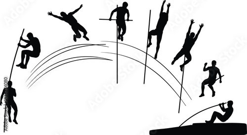 Pole vault silhouette sequence, track and field athlete jumping motion, vector illustration, sports action background.