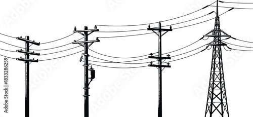 Utility poles, transmission tower, electrical transformers, power lines, electricity distribution, energy infrastructure, voltage network, industrial 