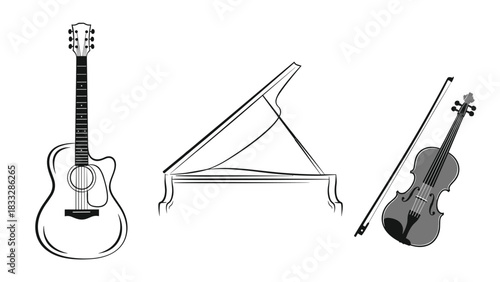 Set of three musical instrument sketches: an acoustic guitar, a grand piano outline, and a violin with its bow.