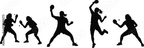 Silhouettes of Female Table Tennis Players in Dynamic Action Poses: Serving, Hitting, and Ready for Return, Representing Competitive Sports and Fitness Concepts.