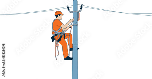 Utility worker climbing pole, electrical lineman, safety harness, helmet gear, power line maintenance, electricity distribution, energy infrastructure, industrial repair, engineering work, technology