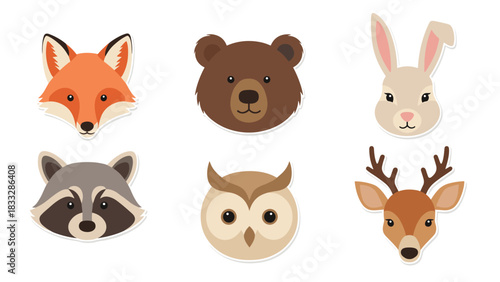 Cute collection of woodland animal faces including a fox, bear, rabbit, raccoon, owl, and deer, perfect for nursery art.