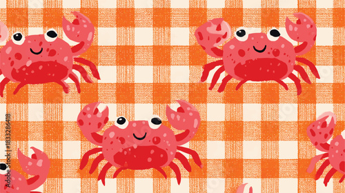 Playful seamless pattern with cute crabs on orange and white checkered background