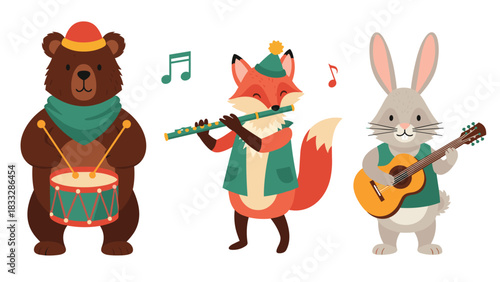 Charming woodland animal band featuring a bear playing drums, a cute fox with a flute, and a rabbit strumming a guitar.