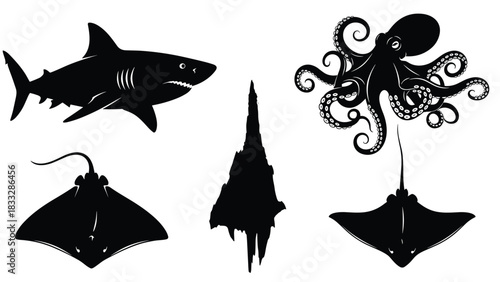 Dynamic black silhouettes of powerful marine animals, featuring a great white shark, an octopus, and multiple species of stingrays.