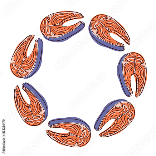 Salmon steak wreath in flat style for restaurant card. Slice of fish isolated on a white background.