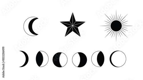 Minimalist black and white icons representing celestial bodies, including the sun, a star, and the complete phases of the moon cycle.