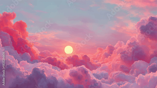 Romantic Pastel Sunset with Pink Clouds and Glowing Sun Illustration
