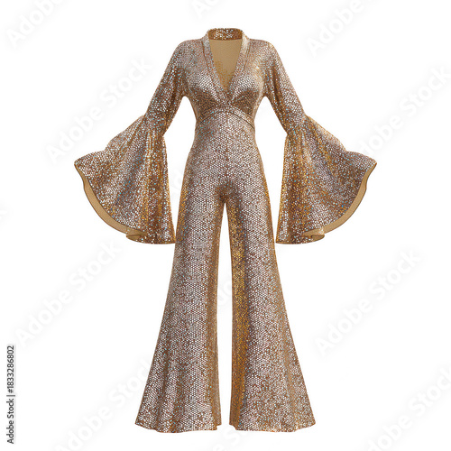 Glamorous gold sparkling sequin jumpsuit with retro disco fashion style. Elegant clothing with wide sleeve design, perfect for celebratory and festive occasion or party