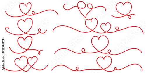 One line continuous art of heart shape icon vector illustrator on white background. Heart lines. Continuous line drawing of two hearts set.