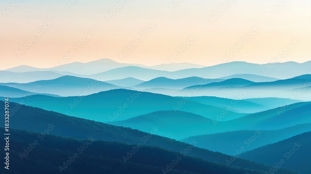 Fototapeta premium A serene landscape showcasing layered blue and green hills with soft gradients, evoking a peaceful and tranquil atmosphere.