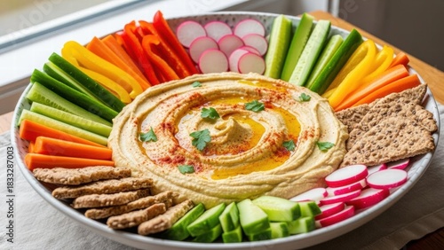 Hummus with vegetables and bread on a flat plate. A healthy snack.