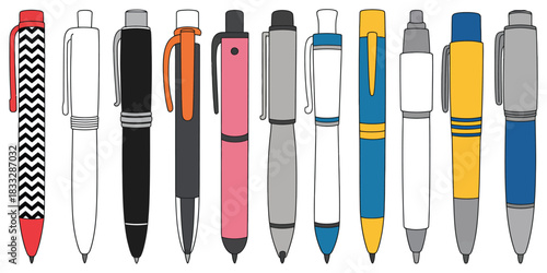 Colorful Pen Illustration Set Featuring Ballpoint, Click, Twist, and Cap Styles in Clean Stationery Vector Artwork Showing Modern Office Supplies and Writing Tools for Design and Stock Use