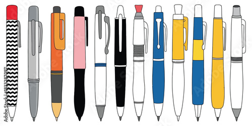 Colorful Pen Illustration Set Featuring Ballpoint, Click, Twist, and Cap Styles in Clean Stationery Vector Artwork Showing Modern Office Supplies and Writing Tools for Design and Stock Use