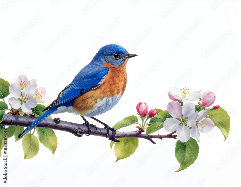 Obraz premium Azure Melody Watercolor : A captivating eastern bluebird, its plumage a symphony of blue and orange, perches delicately on a flowering branch, embraced by a gentle spring breeze.