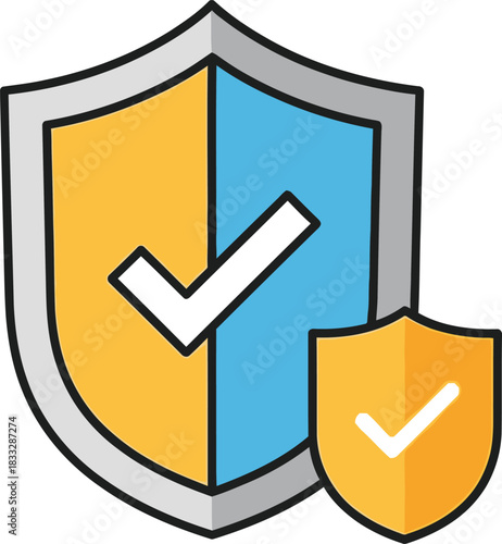Two shields with checkmarks symbolizing security, protection, and verification, with a larger primary shield in yellow and blue next to a smaller secondary shield, isolated on white background