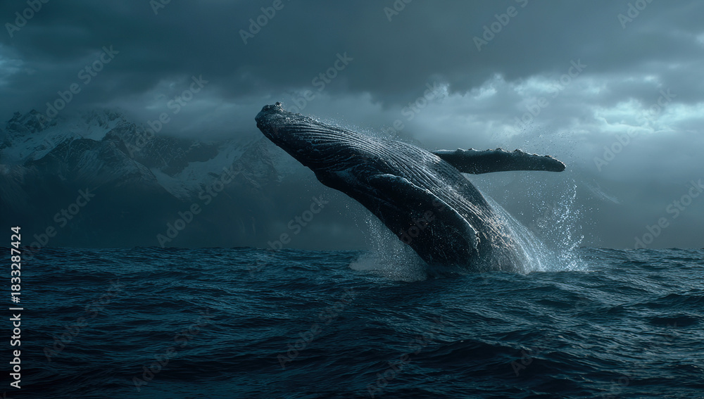 Fototapeta premium Humpback whale breaching - Ocean waves splashing - Majestic marine life