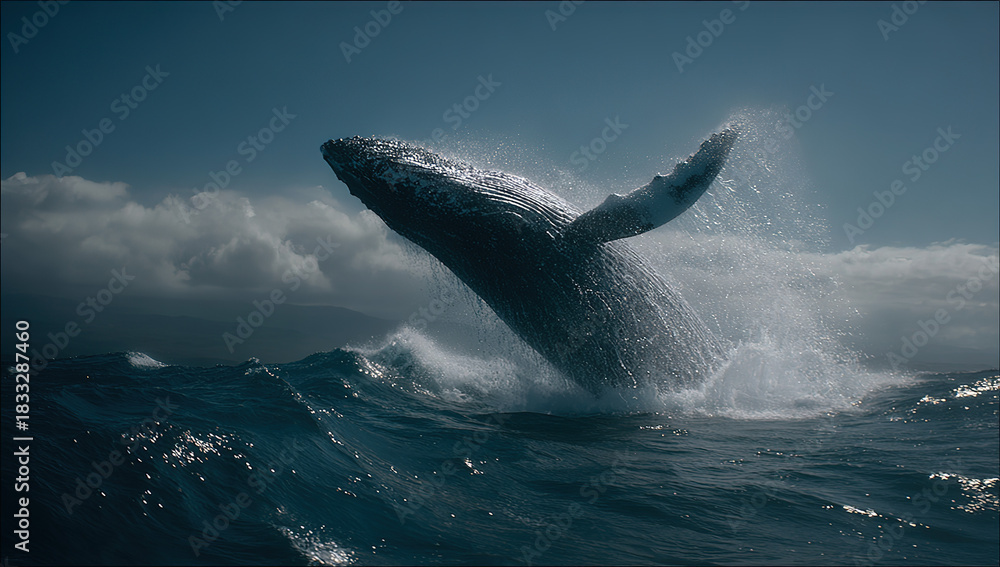 Fototapeta premium Humpback whale breaching - Ocean waves splashing - Majestic marine life