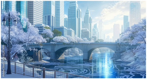 Snowy riverside cityscape with a glowing stone bridge. Winter skyline reflecting over a frosted urban river. Serene snowy river framed by towering modern buildings