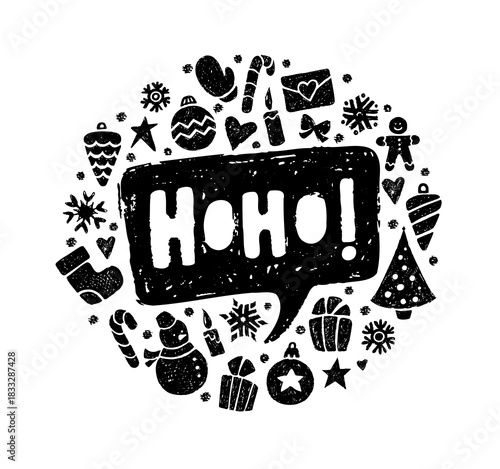Christmas background with crayon winter icons and speech bubble with Ho-ho santa text. Holiday banner with Xmas tree balls, snowman, candy cane, candle and bow with chalk texture, vector illustration