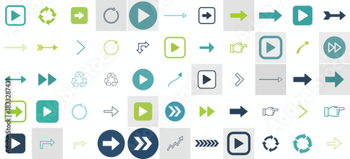 Arrow Collection: An array of directional indicators in various shapes, sizes, and styles, including symbols such as play buttons, highlighting navigation, movement.