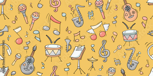 Music doodle seamless pattern with guitar, maracas, drums. Sketch of spanish party, concert or fiesta with music instruments. Cute doodle icons - guitar and maracas, vector hand drawn illustration