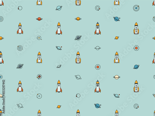 Space seamless pattern with planets, moons and rockets. Abstract cosmic background, celestial pattern with cute planets with orbits and satellites, vector illustration. Cosmos icons with spaceship and