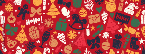 Christmas seamless pattern with crayon icons. Cute backdrop with Christmas tree, snowman, Santa hat and candy cane. Winter holiday items. Bright crayon gift box, snowflake, star and bell, vector illus