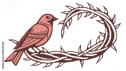 Sparrow Perched on Crown of Thorns Vintage Illustration, A vintage-style illustration in reddish-brown tones showing a small sparrow bird perched upon a twisted crown of thorns branch.