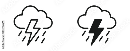 Thunderstorm weather icon set in outline and silhouette style, representing lightning, rain, severe weather, and storm conditions, vector illustration.