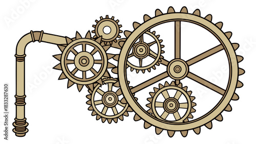 Steampunk Gears and Pipe Mechanism Vector Illustration, A vector illustration showing a complex mechanism of interlocking steampunk-style gears connected to a flanged pipe against a plain background.