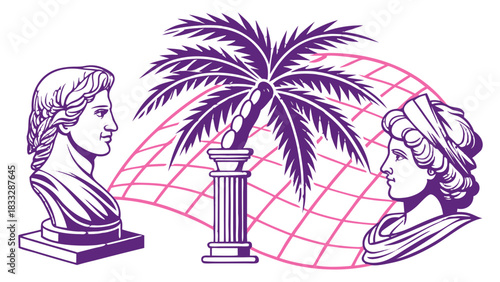 Vaporwave Classical Busts and Palm Tree Retro Illustration, A retro vaporwave style illustration featuring two classical sculpture busts facing a central palm tree on a column, set against a distorted