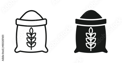 Grain sack icon set in outline and silhouette style, representing agriculture, farming, harvest, and food supply, vector illustration.
