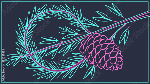 Neon Pinecone on Pine Branch Line Art, A stylized line art illustration of a pink neon pinecone on a blue neon pine branch against a dark background.