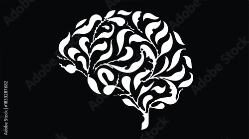 Stylized brain illustration in white floral pattern on a black background