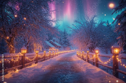A luminous winter path glows softly beneath drifting crystal snow and pastel shimmering auroras