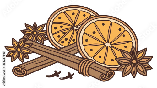 Christmas Spices and Dried Orange Slices Vector, A hand-drawn illustration featuring dried orange slices, cinnamon sticks, star anise, and cloves, perfect for holiday designs