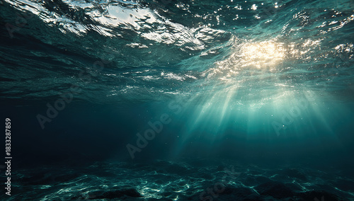 Underwater ocean scene with sunlight rays - Deep sea view - Aquatic environment