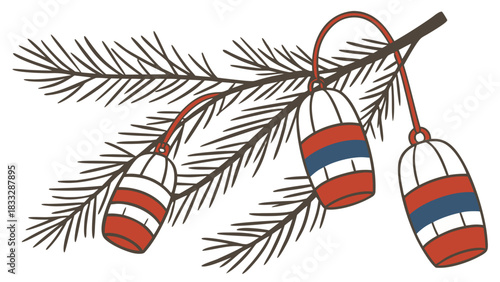 Nautical Striped Buoy Ornaments on Pine Branch Vector Illustration, A hand-drawn illustration of a pine branch festooned with three hanging nautical buoy ornaments in red, white, and blue stripes